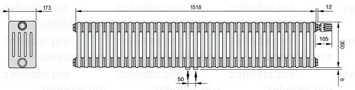 Схема (чертеж) Радиатор Zehnder Charleston 5035/33 №V008 Белый глянцевый RAL 9016